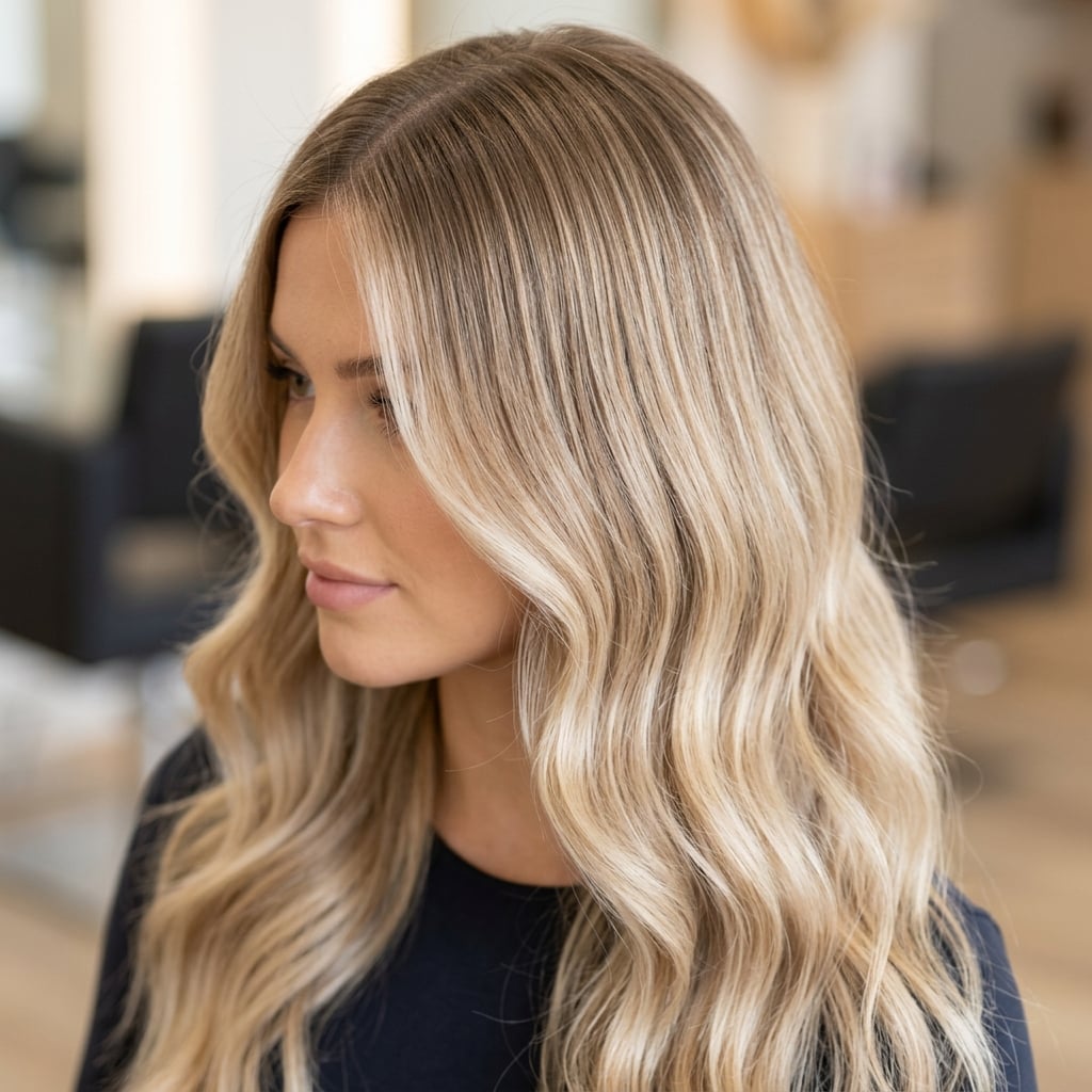Close-up of premium blonde balayage hair extensions with seamless blend at the roots.