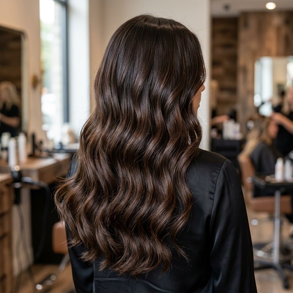Back view of gorgeous long, voluminous dark brunette hair extensions with soft beachy waves.