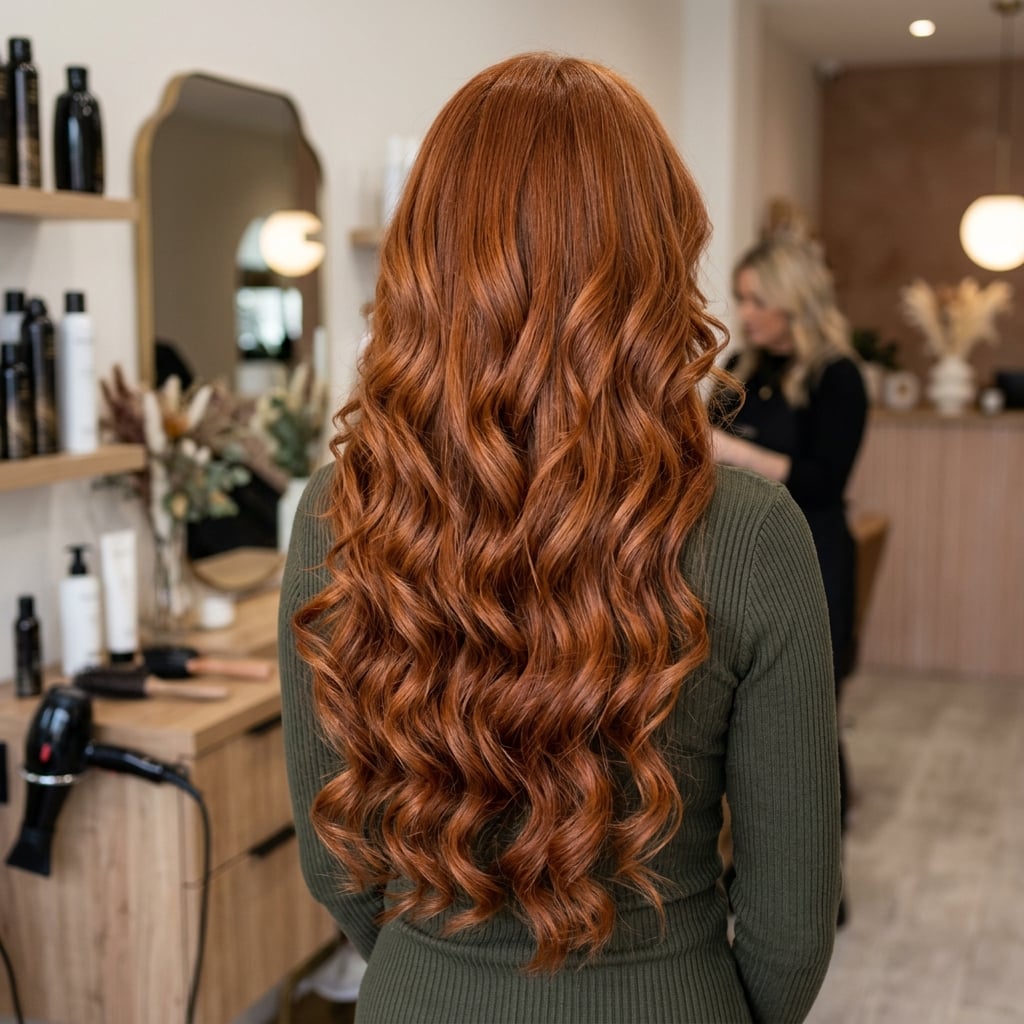 Back view of long cascading copper red hair extensions with bouncy elegant curls.