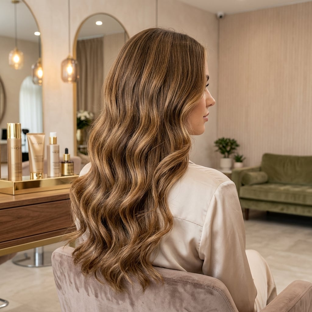 Natural wavy honey-brown hair extensions showing rich volume and luxury shine.