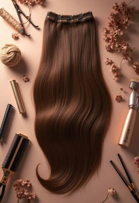 A single chestnut-brown tape-in hair extension weft displayed on a soft pink surface, showing the quality and finish of the premium natural hair used for tape-in extensions.